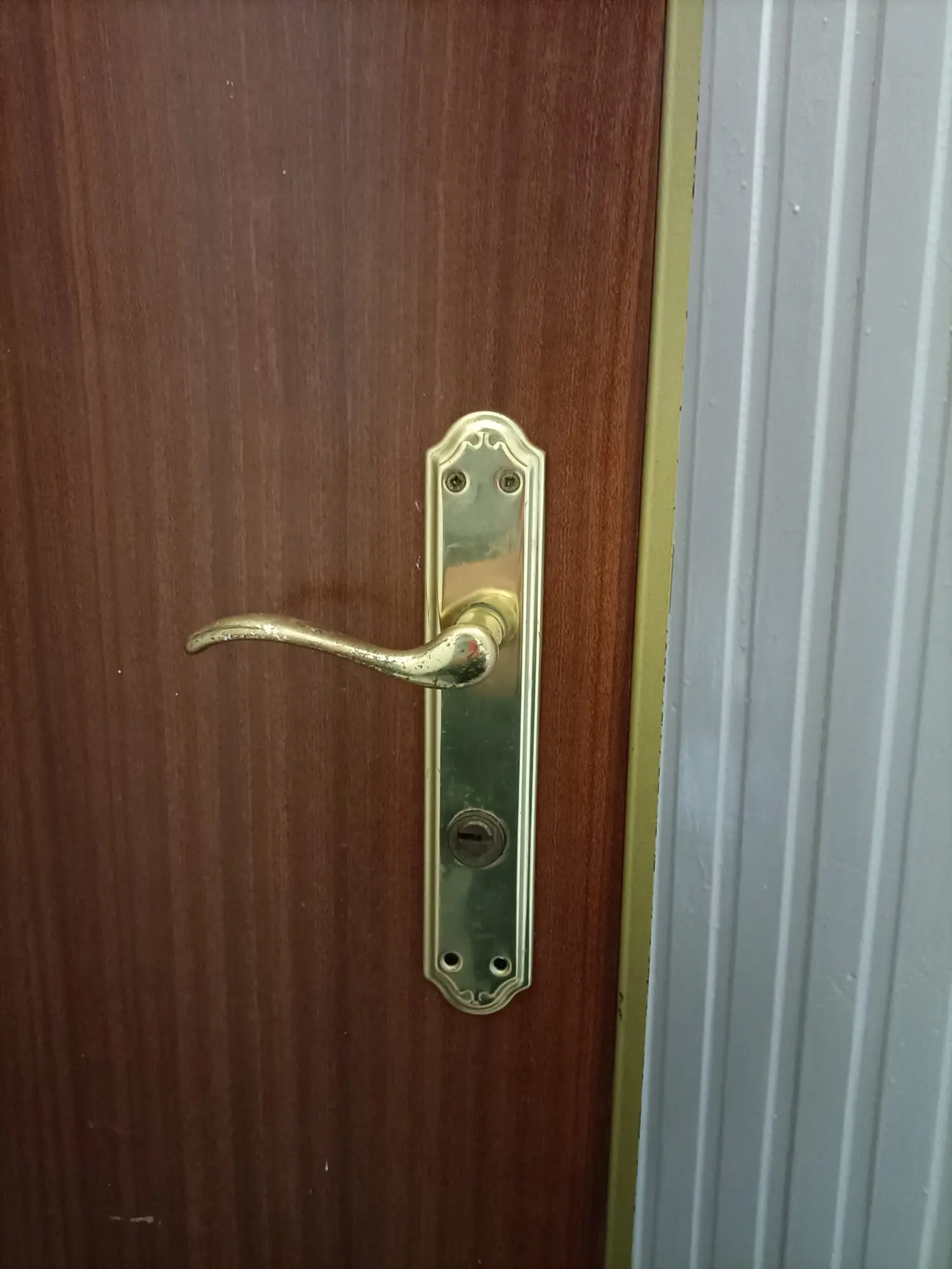 Manivela clásica dorada con placa alargada instalada en puerta de madera interior