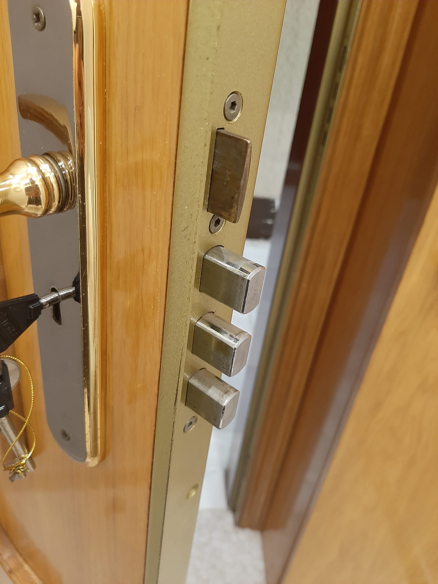 Cerradura multipunto con cuatro pestillos en puerta