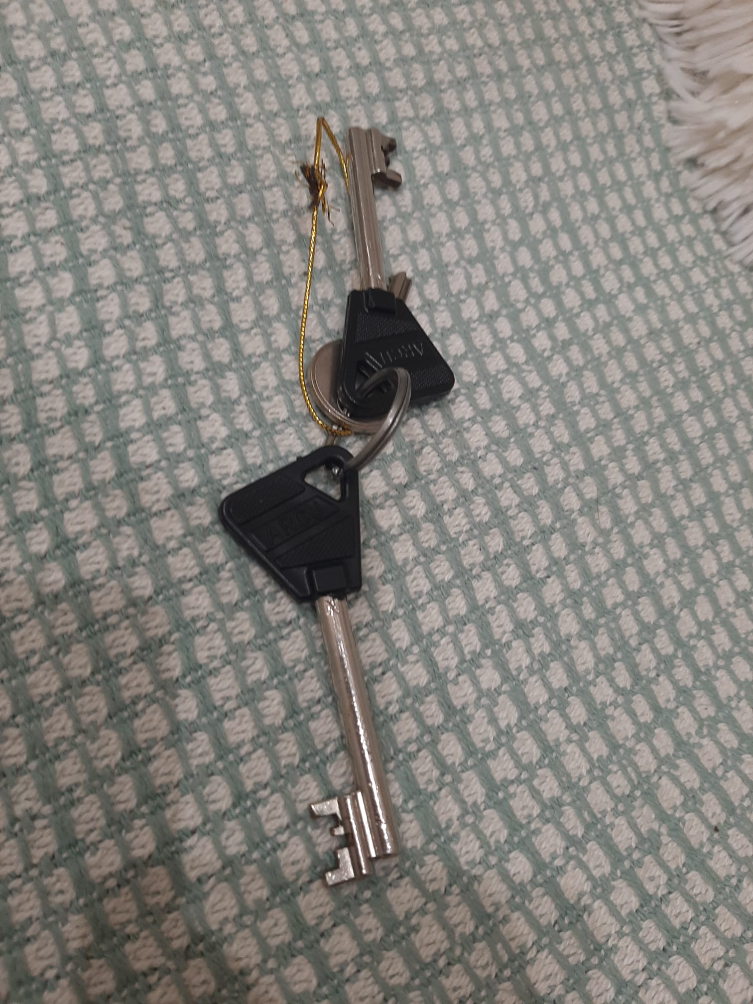 Dos llaves de seguridad con llavero metálico dorado