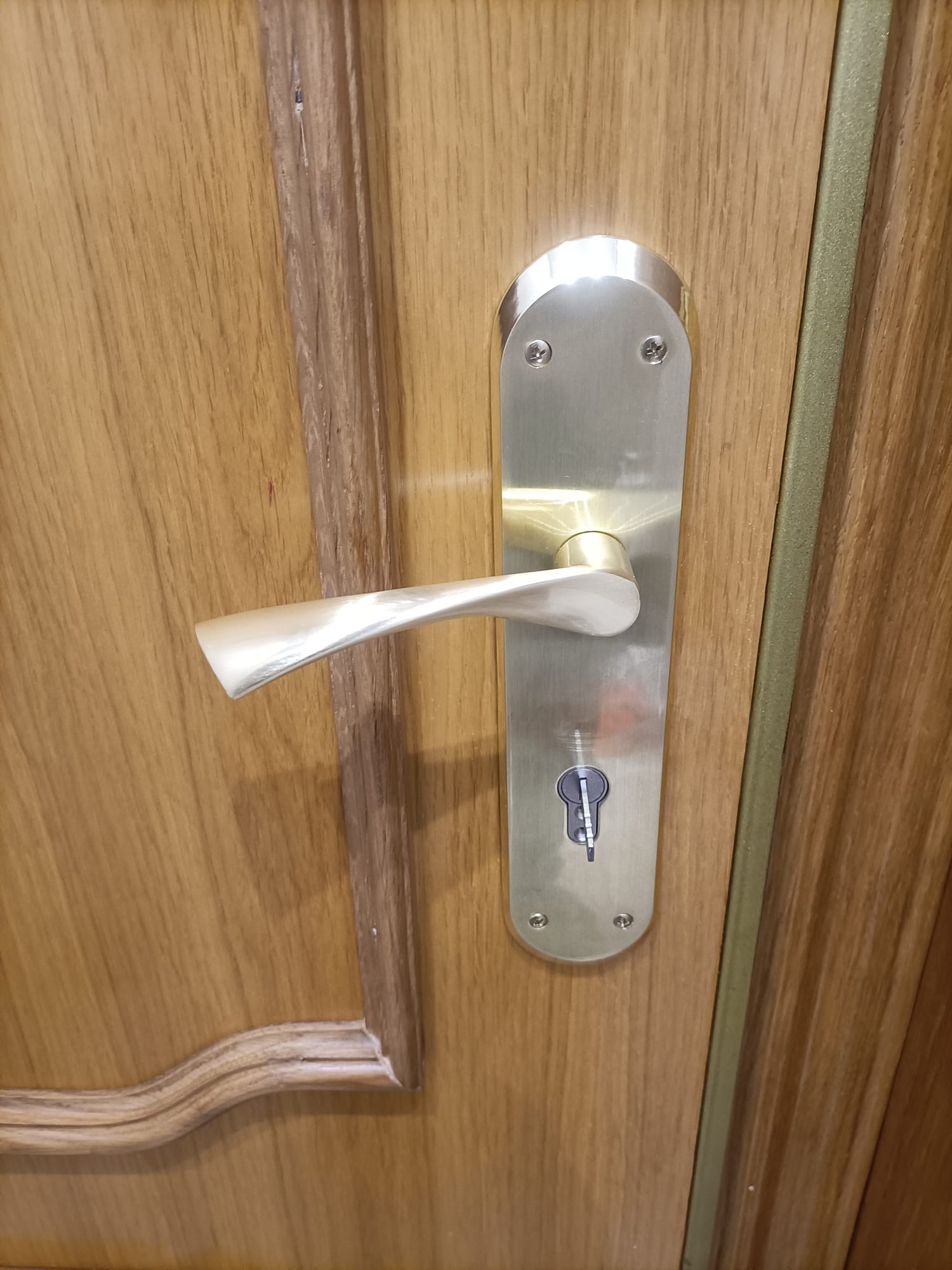 Maneta con placa y bombín en puerta de madera